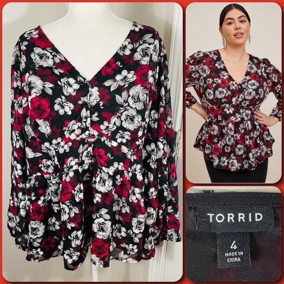 TORRID Peplum Chiffon Clip Floral Blouson Long Sleeve Top - 4X - Picture 1 of 13